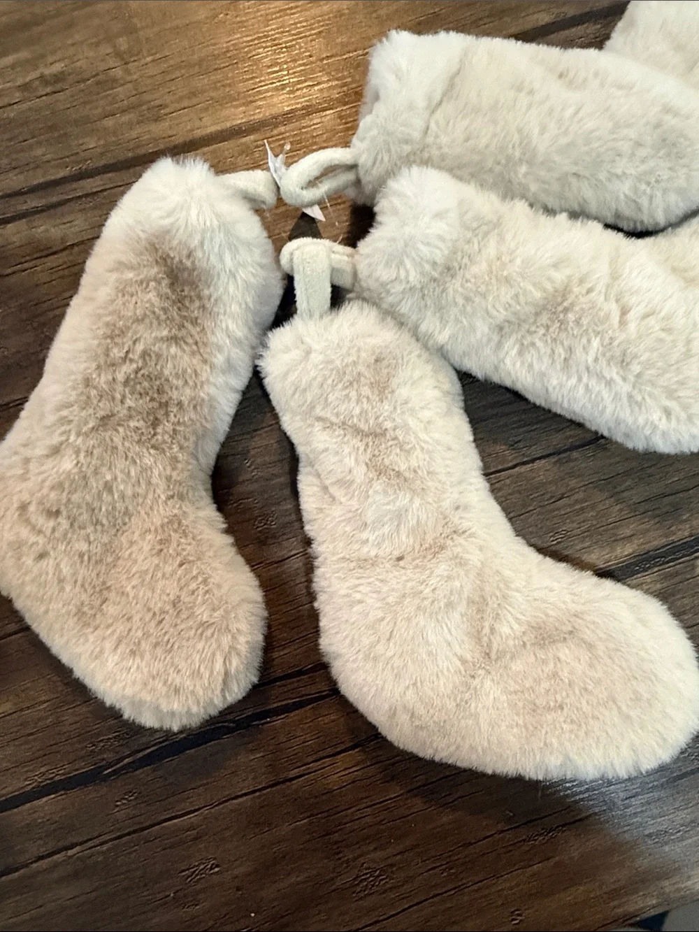 Crate&Barrel Faux Fur Plush Boot Christmas Ornaments. Set of 4.